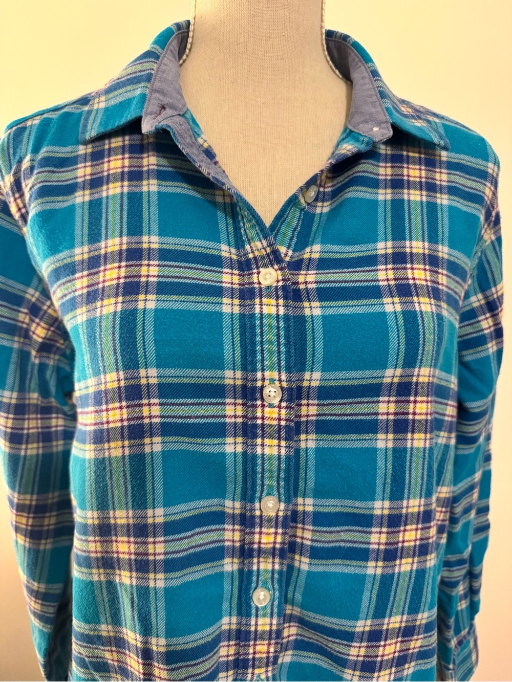 Lands’ End Button Down Flannel Shirt Teal Blue 100% Cotton Plaid Size L 14/16
